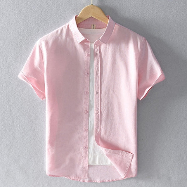 Summer Cotton Linen Short Sleeve Shirts Men Casual Pink Classic Turn-down Collar Man Tops