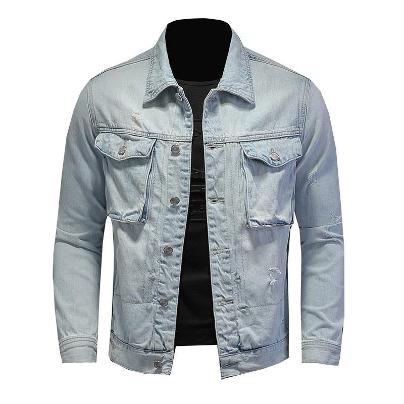 Nouveau printemps Bomber bleu clair déchiré Denim veste pour hommes en lambeaux Jean manteaux moto veste décontractée vêtements pardessus vêtements d'extérieur