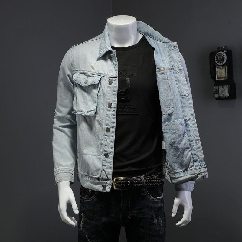 Nouveau printemps Bomber bleu clair déchiré Denim veste pour hommes en lambeaux Jean manteaux moto veste décontractée vêtements pardessus vêtements d'extérieur