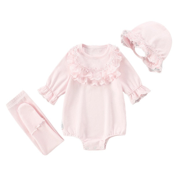 Vêtements d'automne en dentelle pour enfants, vêtements pour bébés filles, body + chapeau + serré, combinaison 3 pièces/ensemble, combishort, 0-2 ans