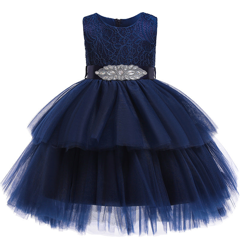 Robe de soirée en tulle pour filles, tenue de soirée élégante, sans manches, en dentelle, avec ceinture, robes de princesse de noël à plusieurs niveaux