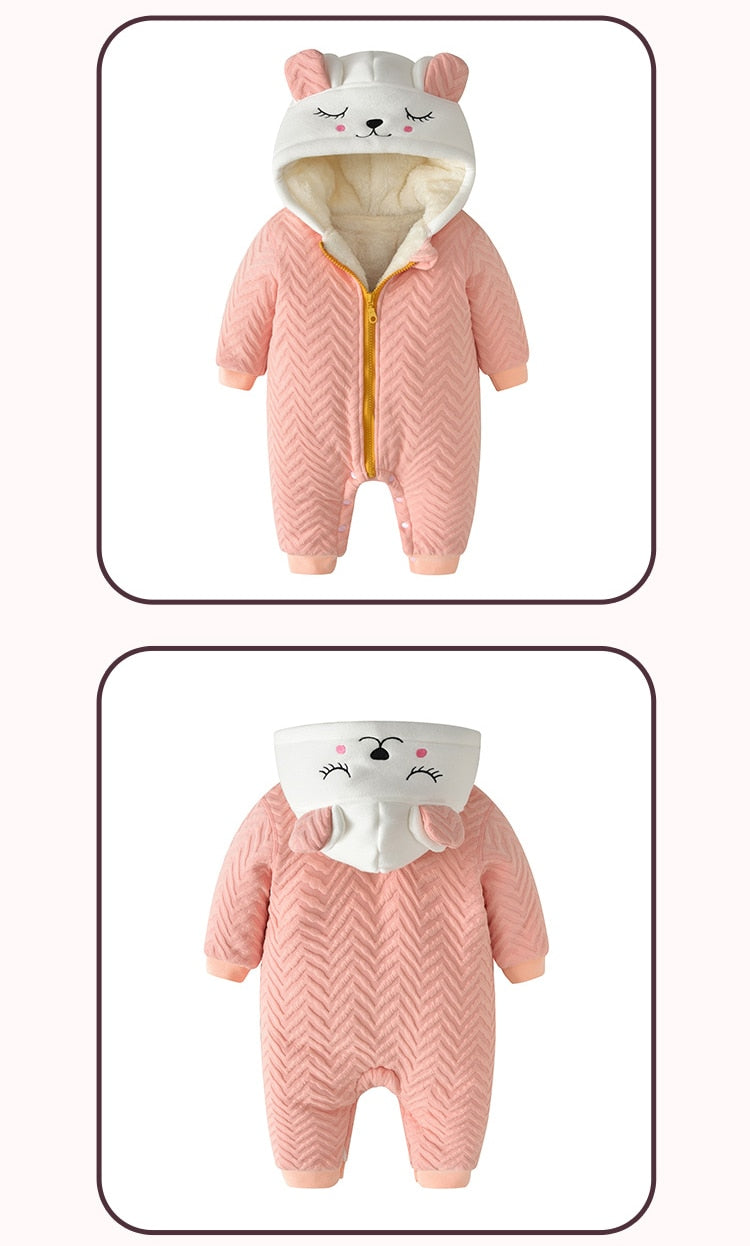 Vêtements pour nouveau-né automne/hiver, solide, chat mignon, à capuche, épaisse, barboteuse pour bébé, combinaison de neige pour bébé de 0 à 24 mois