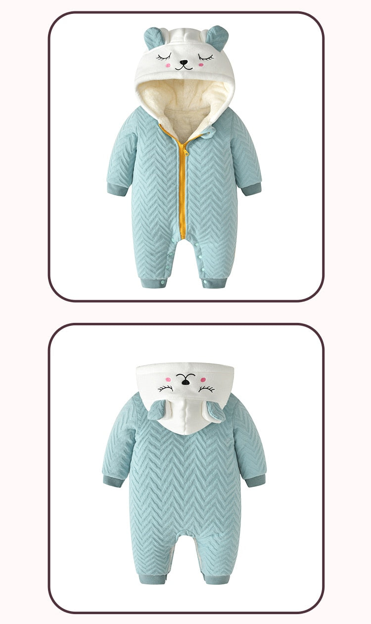 Vêtements pour nouveau-né automne/hiver, solide, chat mignon, à capuche, épaisse, barboteuse pour bébé, combinaison de neige pour bébé de 0 à 24 mois