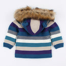 Children's Coat Sweater for Boy Girl Striped Fur Hooded Warm Knitted Jacked Infant Baby Cardigans 0-3Y