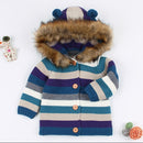 Children's Coat Sweater for Boy Girl Striped Fur Hooded Warm Knitted Jacked Infant Baby Cardigans 0-3Y