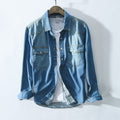 Denim Shirt Men Long Sleeve Double Pocket Blue Tops Male Casual 100%Cotton Turn-down Collar Clothing