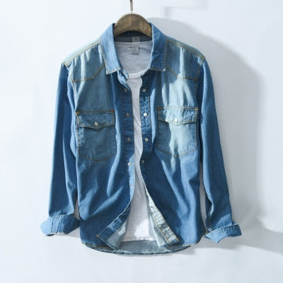 Denim Shirt Men Long Sleeve Double Pocket Blue Tops Male Casual 100%Cotton Turn-down Collar Clothing