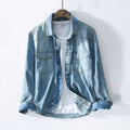 Denim Shirt Men Long Sleeve Double Pocket Blue Tops Male Casual 100%Cotton Turn-down Collar Clothing