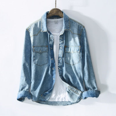 Denim Shirt Men Long Sleeve Double Pocket Blue Tops Male Casual 100%Cotton Turn-down Collar Clothing