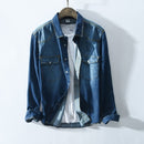 Denim Shirt Men Long Sleeve Double Pocket Blue Tops Male Casual 100%Cotton Turn-down Collar Clothing