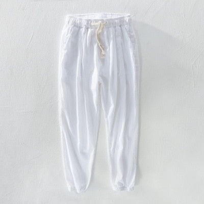 Men Summer Casual Harem Pants Natural Cotton Linen Trousers White Elastic Waist Clothing