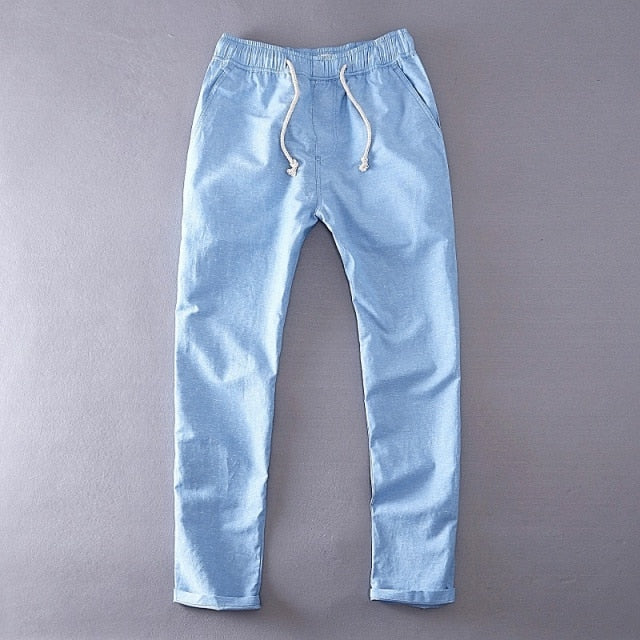 Men's Summer Casual Pants Natural Cotton Linen Trousers For Men Hawaii Solid White Elastic Waist Straight Man Pants