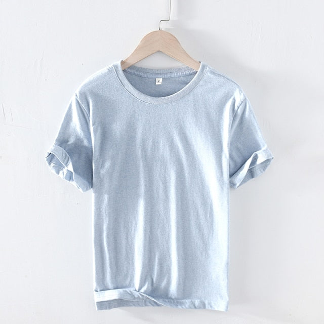 T-shirt d'été à manches courtes pour hommes, col rond, en coton respirant, jaune doux, style décontracté, de haute qualité