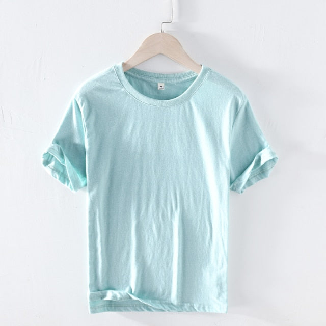 T-shirt d'été à manches courtes pour hommes, col rond, en coton respirant, jaune doux, style décontracté, de haute qualité