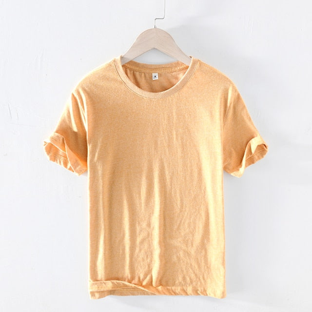 T-shirt d'été à manches courtes pour hommes, col rond, en coton respirant, jaune doux, style décontracté, de haute qualité