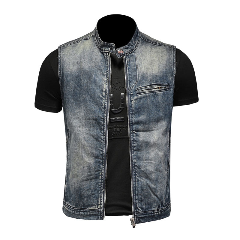 Summer Retro Jean Jacket Men's Denim Vest Coats Blue Slim Stand Collar Zipper Sleeveless Motorcycle Waistcoat Cowboy