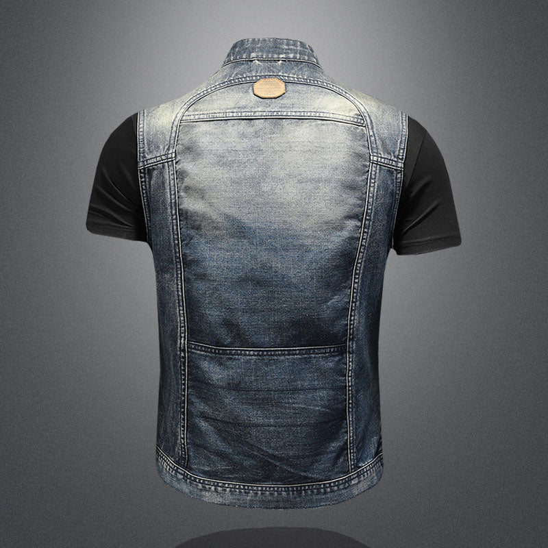 Summer Retro Jean Jacket Men's Denim Vest Coats Blue Slim Stand Collar Zipper Sleeveless Motorcycle Waistcoat Cowboy