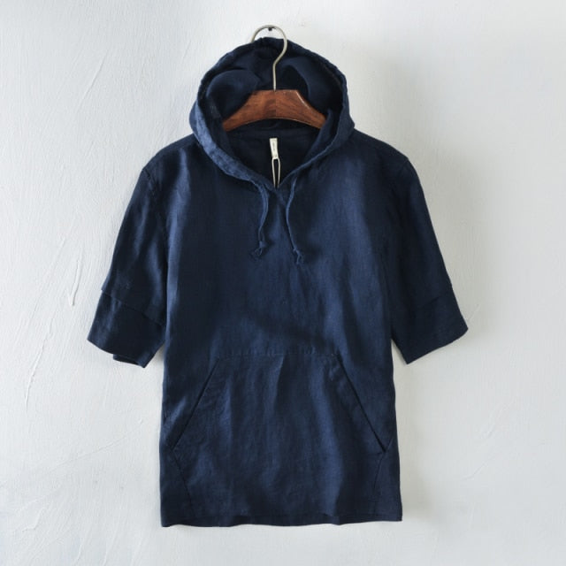 Hooded Short Sleeve T-Shirt for Men Linen Solid Casual Tops Spring and Summer New Male Tees New Thin Clothes