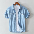Men Blue Denim Shirts Summer New Thin Short Sleeve Jean Tops Male Pure Cotton Casual Cowboy Button Up Vintage Clothes
