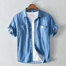 Men Blue Denim Shirts Summer New Thin Short Sleeve Jean Tops Male Pure Cotton Casual Cowboy Button Up Vintage Clothes