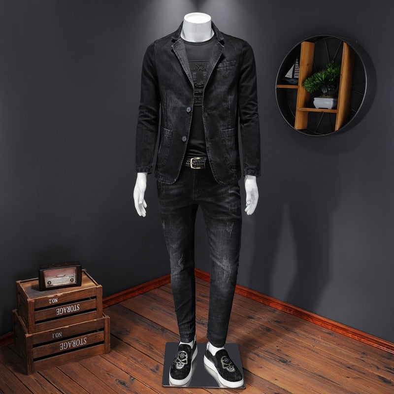 Denim Blazer Men Blazer Jeans Slim Fit Cowboy Coats Leisure Mens Suit Jean Jacket Men Casual Coat Single Button New