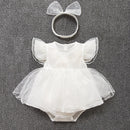 Baby summer bodysuit girls princess dress +headband baby christening baptism gown party wedding 0-9 months photo shooting dress