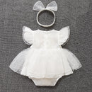Baby summer bodysuit girls princess dress +headband baby christening baptism gown party wedding 0-9 months photo shooting dress