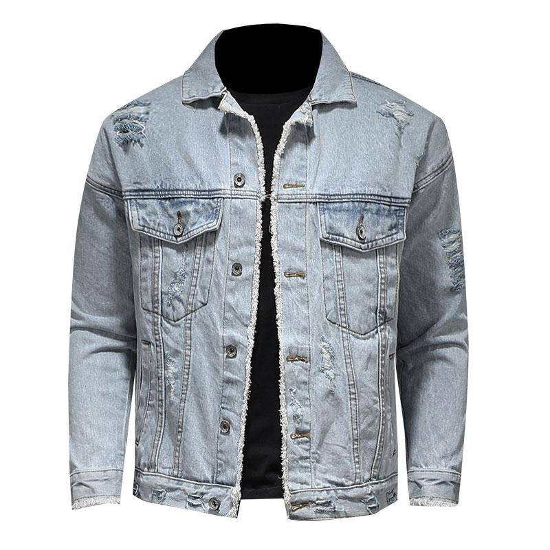 Veste en jean à trous amples pour hommes, revers à manches longues, veste en jean décontractée pour hommes, veste en jean bleu clair pour Locomotive