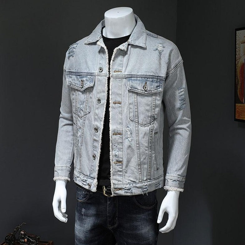 Veste en jean à trous amples pour hommes, revers à manches longues, veste en jean décontractée pour hommes, veste en jean bleu clair pour Locomotive
