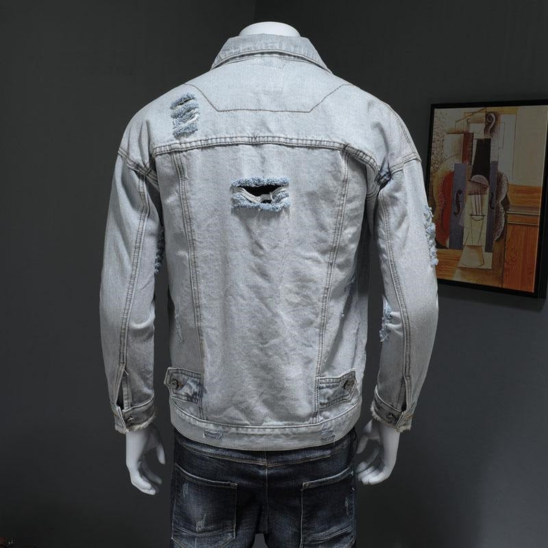 Veste en jean à trous amples pour hommes, revers à manches longues, veste en jean décontractée pour hommes, veste en jean bleu clair pour Locomotive