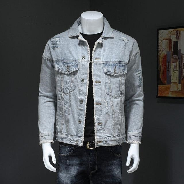 Veste en jean à trous amples pour hommes, revers à manches longues, veste en jean décontractée pour hommes, veste en jean bleu clair pour Locomotive