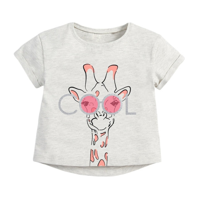 Children Summer New Baby Girls Clothes Animal Short Sleeve Giraffe Gray Cotton T Shirt Boy Tee Tops