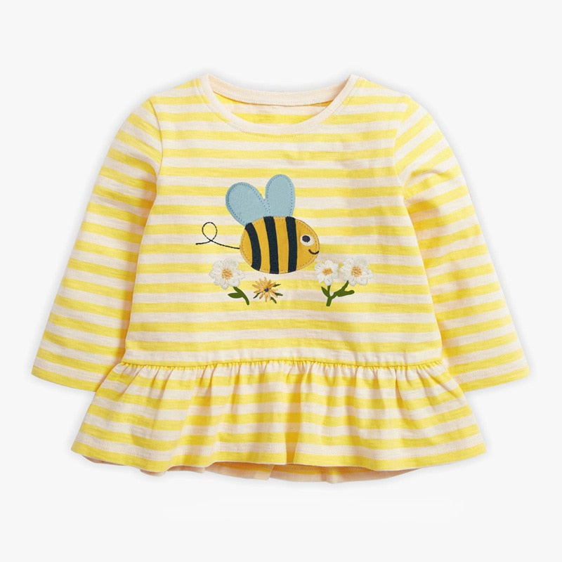 Baby Girl Fall Clothes Autumn Children Set Cotton Two Pieces Suit Toddler Yellow Striped Insect bee Shirt + Blue Flower Pants