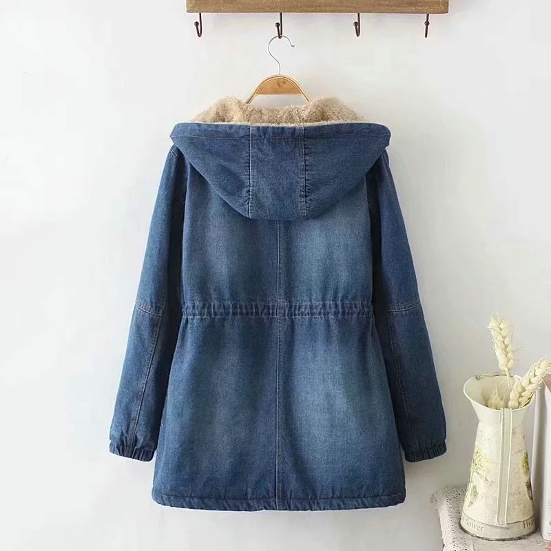 Denim Coat For Winter Women Fur Liner Warm Hooded Solid Blue Slim Drawstring Slim A-Line Fashion Outwear Coat Jackets Tops