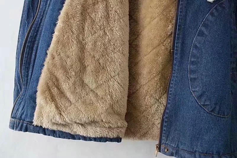 Denim Manteau Pour L'hiver Femmes Doublure De Fourrure Chaud À Capuche Solide Bleu Mince Cordon Mince A-ligne De Mode Outwear Manteau Vestes Tops