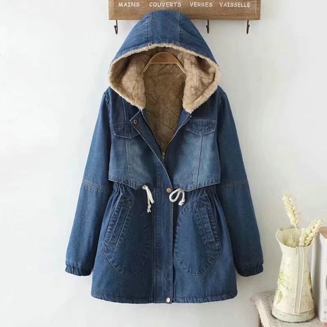 Denim Manteau Pour L'hiver Femmes Doublure De Fourrure Chaud À Capuche Solide Bleu Mince Cordon Mince A-ligne De Mode Outwear Manteau Vestes Tops