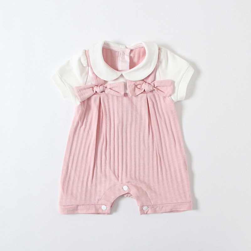 Robe d'été à col Peter Pan pour filles, barboteuse en coton pour nouveau-né, pyjama pour bébé, barboteuse avec nœuds, de 0 à 2 ans