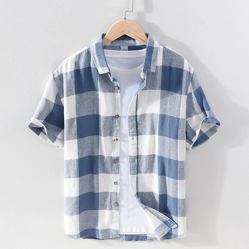 Chemise à carreaux à manches courtes pour hommes, en coton et lin, décontracté, col rabattu, hauts d'été, nouvelle chemise en chanvre à boutons
