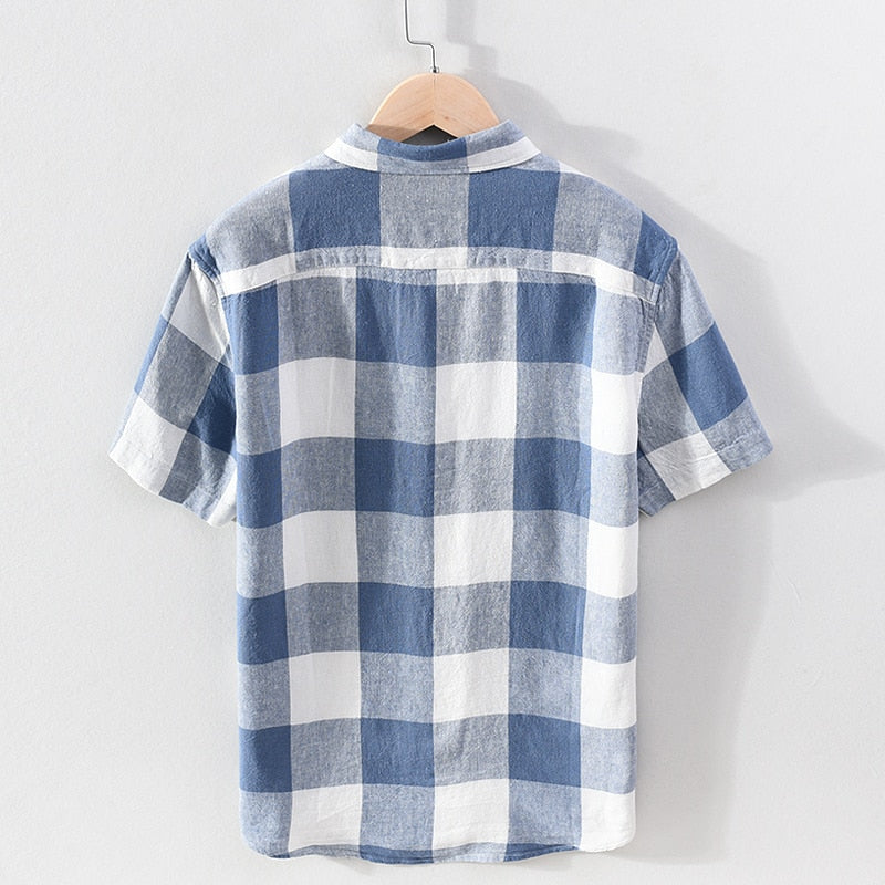 Chemise à carreaux à manches courtes pour hommes, en coton et lin, décontracté, col rabattu, hauts d'été, nouvelle chemise en chanvre à boutons