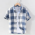 Chemise à carreaux à manches courtes pour hommes, en coton et lin, décontracté, col rabattu, hauts d'été, nouvelle chemise en chanvre à boutons