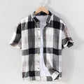 Chemise à carreaux à manches courtes pour hommes, en coton et lin, décontracté, col rabattu, hauts d'été, nouvelle chemise en chanvre à boutons