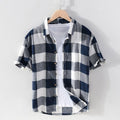 Chemise à carreaux à manches courtes pour hommes, en coton et lin, décontracté, col rabattu, hauts d'été, nouvelle chemise en chanvre à boutons
