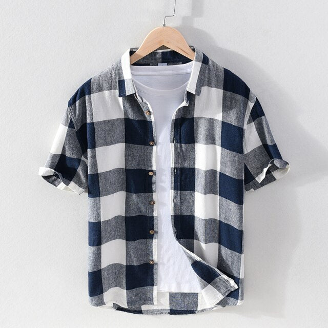 Chemise à carreaux à manches courtes pour hommes, en coton et lin, décontracté, col rabattu, hauts d'été, nouvelle chemise en chanvre à boutons