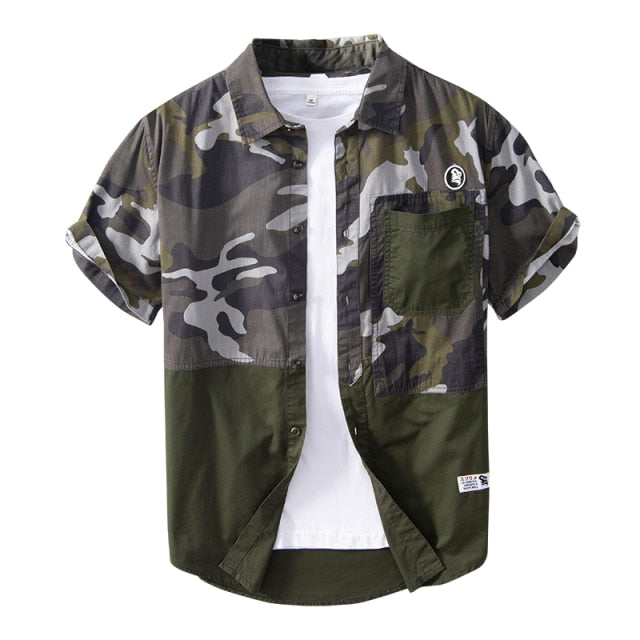 Chemise de Camouflage Patchwork pour hommes, hauts à manches courtes, vêtements de rue décontractés d'été
