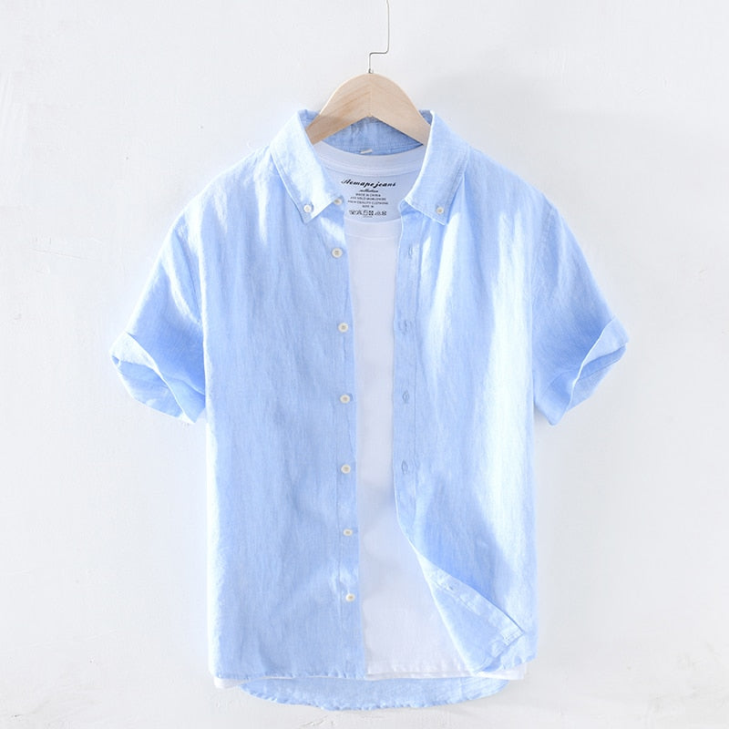 Printemps été nouveau pur lin coton chemises hommes Cool respirant classique basique bleu chemise mâle de haute qualité
