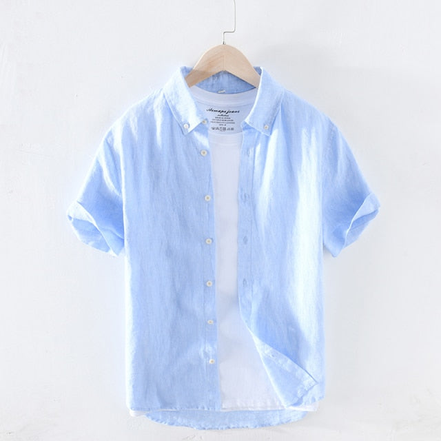 Spring Summer New Pure Linen Cotton Shirts Men Cool Breathable Classic Basic Blue Shirt Male High Quality