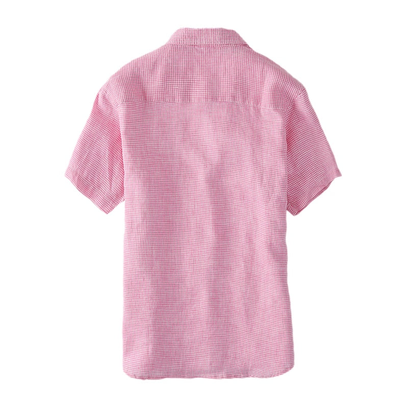 Chemises à carreaux à manches courtes pour hommes, col rabattu, hauts décontractés, en lin, basique, rose, Slim Fit, vêtements masculins, nouvelle collection été