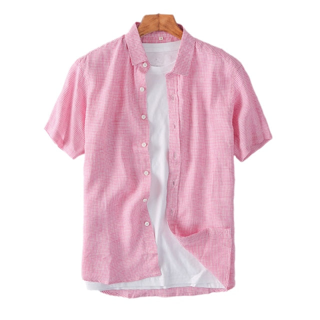 Chemises à carreaux à manches courtes pour hommes, col rabattu, hauts décontractés, en lin, basique, rose, Slim Fit, vêtements masculins, nouvelle collection été