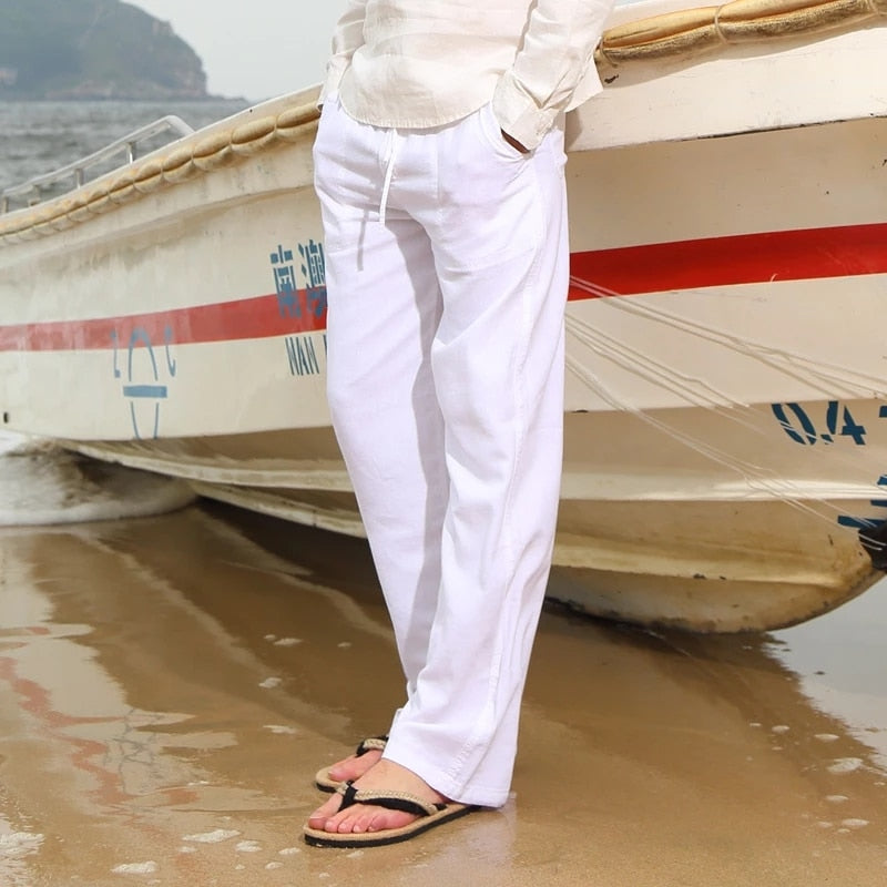 Loose Straight Pants for Men Casual Linen Leisure Beach Style Elastic Waist Trousers Spring Summer New