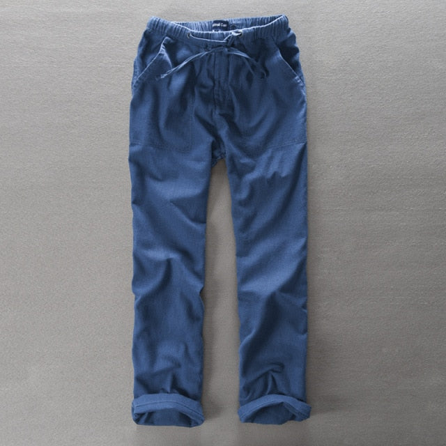 Loose Straight Pants for Men Casual Linen Leisure Beach Style Elastic Waist Trousers Spring Summer New